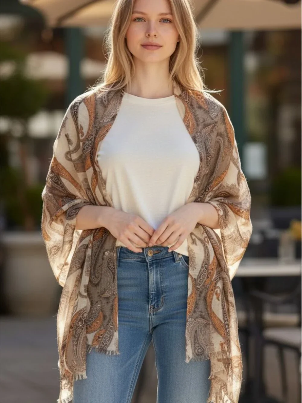 Paisley Wool Shawl. Brown, Tan. Orange 28x 78